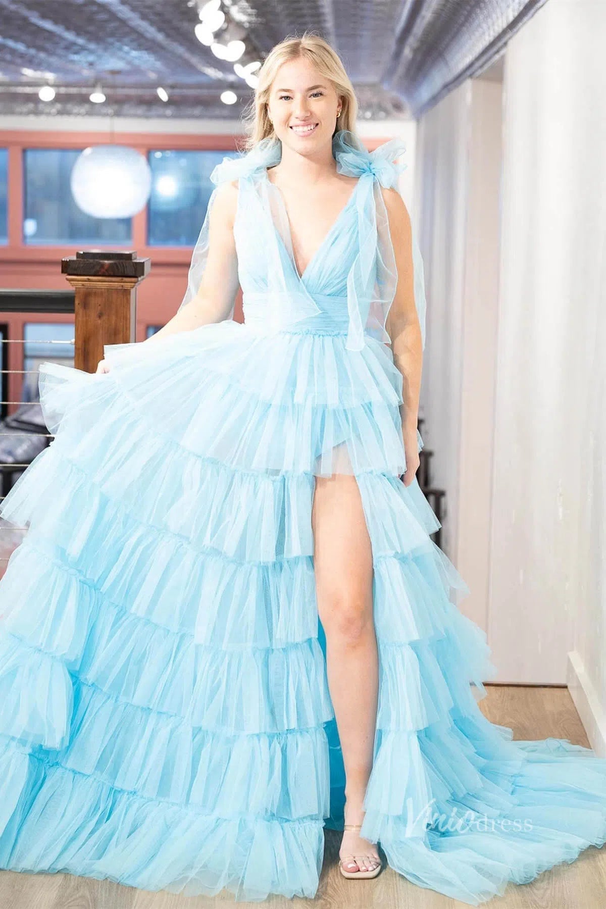 Ruffled Pleated Tulle Prom Dresses with Slit Bow Shoulder V-Neck FD4004-prom dresses 2025 -Viniodress-Light Blue-Custom Size-