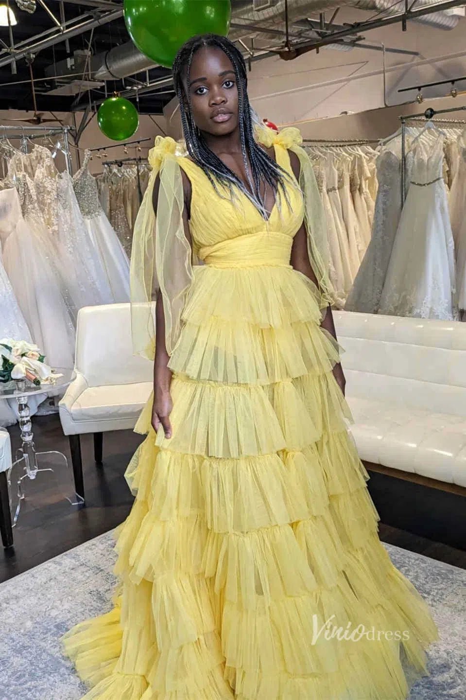 Ruffled Pleated Tulle Prom Dresses with Slit Bow Shoulder V-Neck FD4004-prom dresses 2025 -Viniodress-Yellow-Custom Size-
