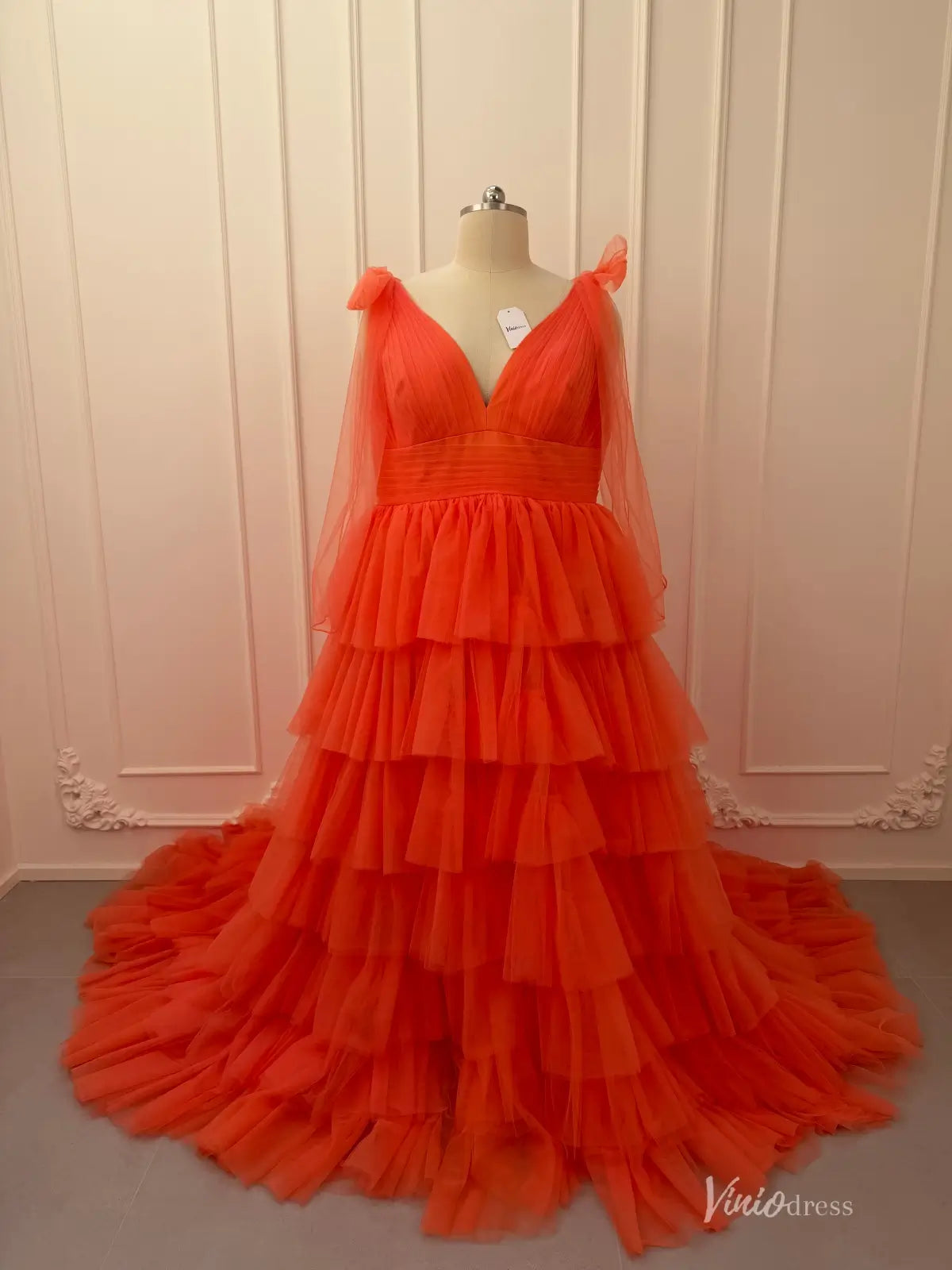 Ruffled Pleated Tulle Prom Dresses with Slit Bow Shoulder V-Neck FD400 –  Viniodress