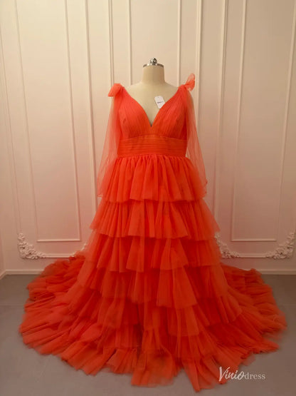 Ruffled Pleated Tulle Prom Dresses with Slit Bow Shoulder V-Neck FD4004-prom dresses 2026-Viniodress-Orange-Custom Size – Add Measurements in Cart-