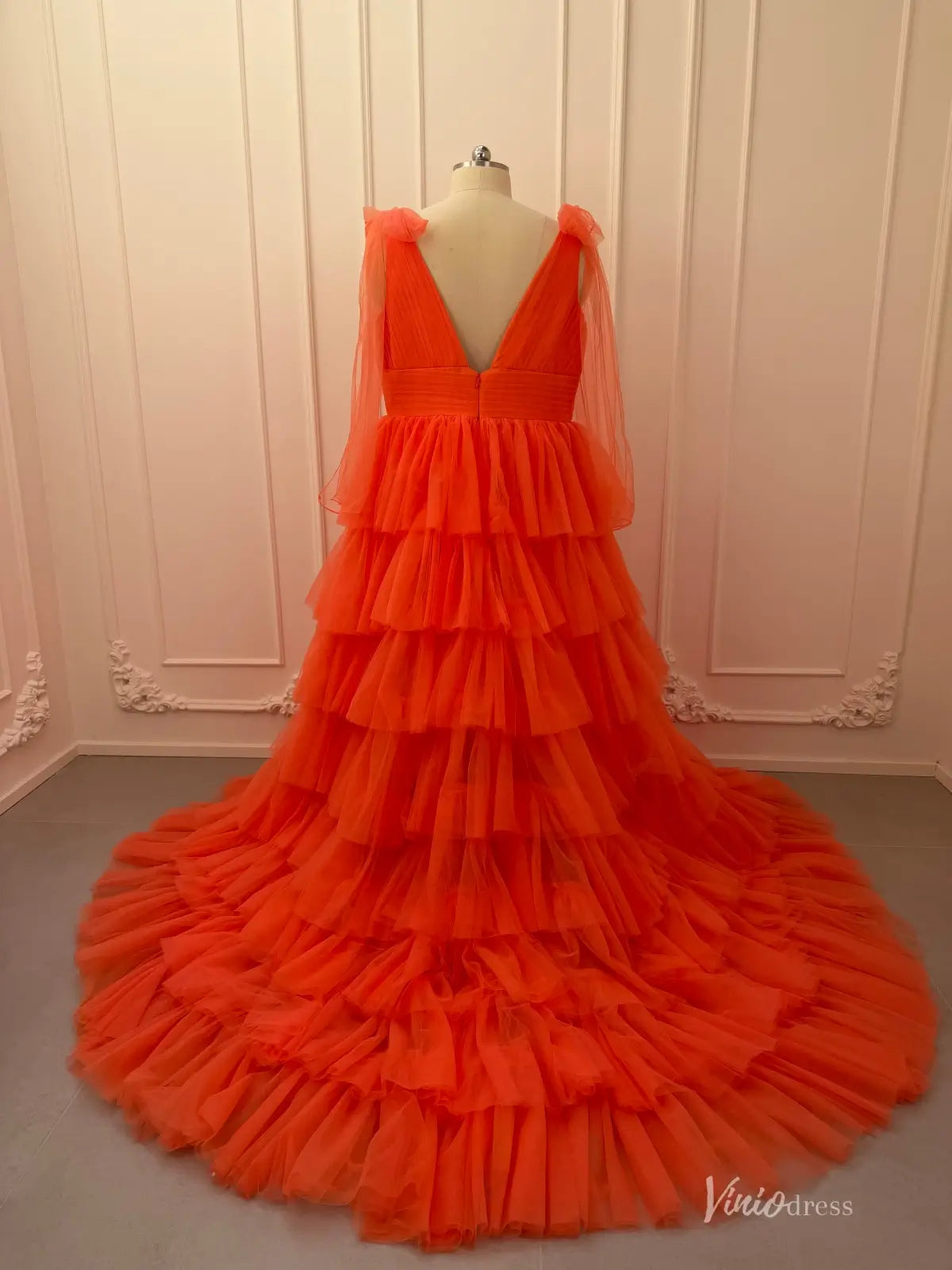 Ruffled Pleated Tulle Prom Dresses with Slit Bow Shoulder V-Neck FD4004-prom dresses 2026-Viniodress-Orange-Custom Size – Add Measurements in Cart-