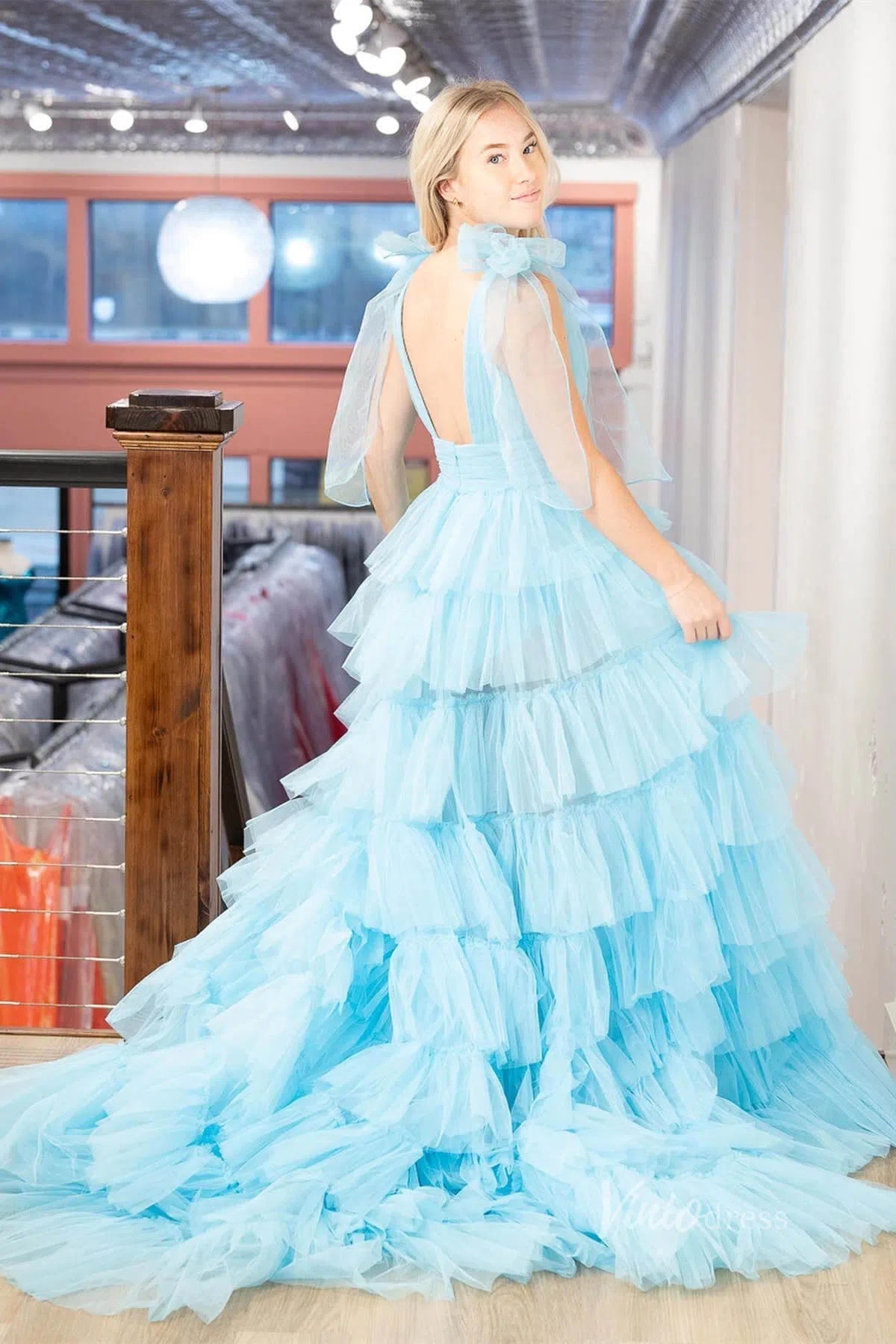 Ruffled Pleated Tulle Prom Dresses with Slit Bow Shoulder V-Neck FD400 –  Viniodress