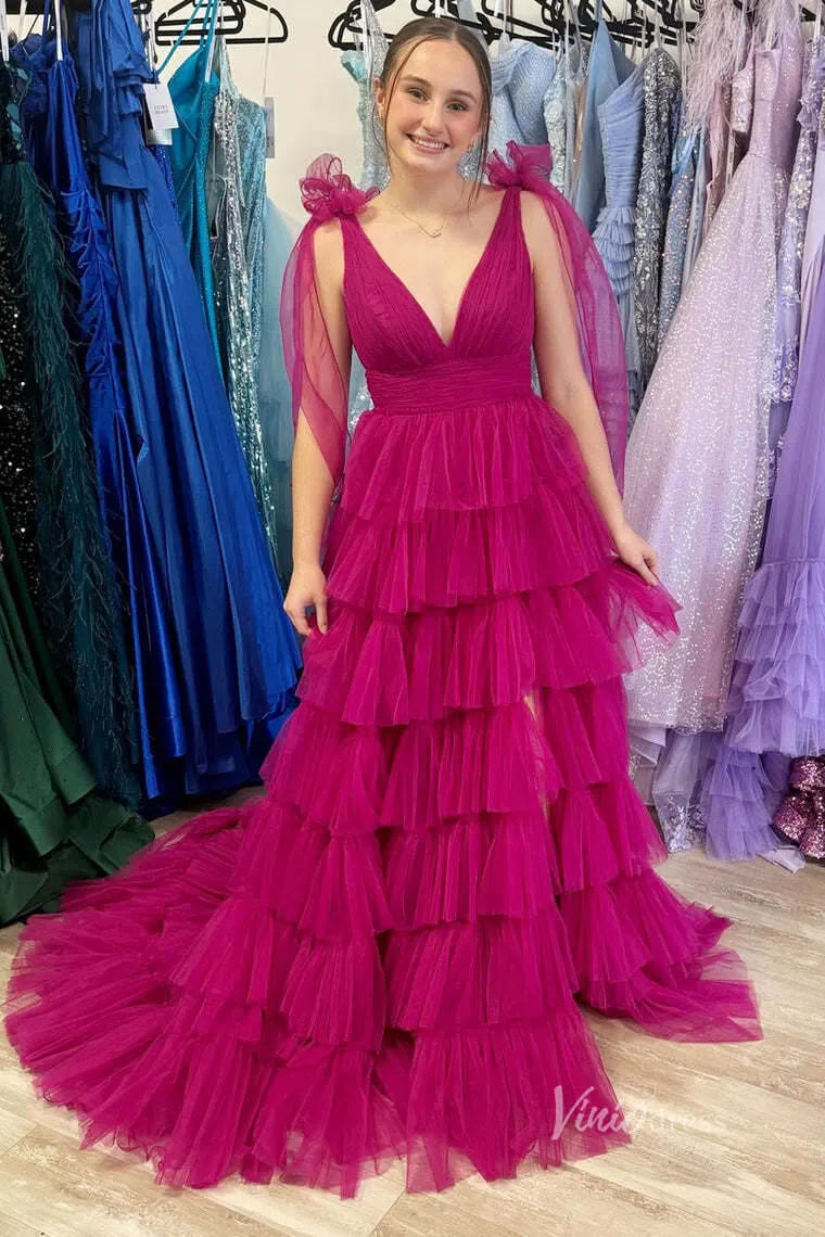 Ruffled Pleated Tulle Prom Dresses with Slit Bow Shoulder V-Neck FD4004-prom dresses-Viniodress-Fuchsia-Custom Size-Viniodress