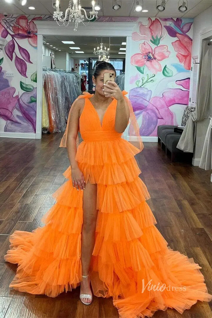 Ruffled Pleated Tulle Prom Dresses with Slit Bow Shoulder V-Neck FD4004-prom dresses-Viniodress-Orange-Custom Size-Viniodress