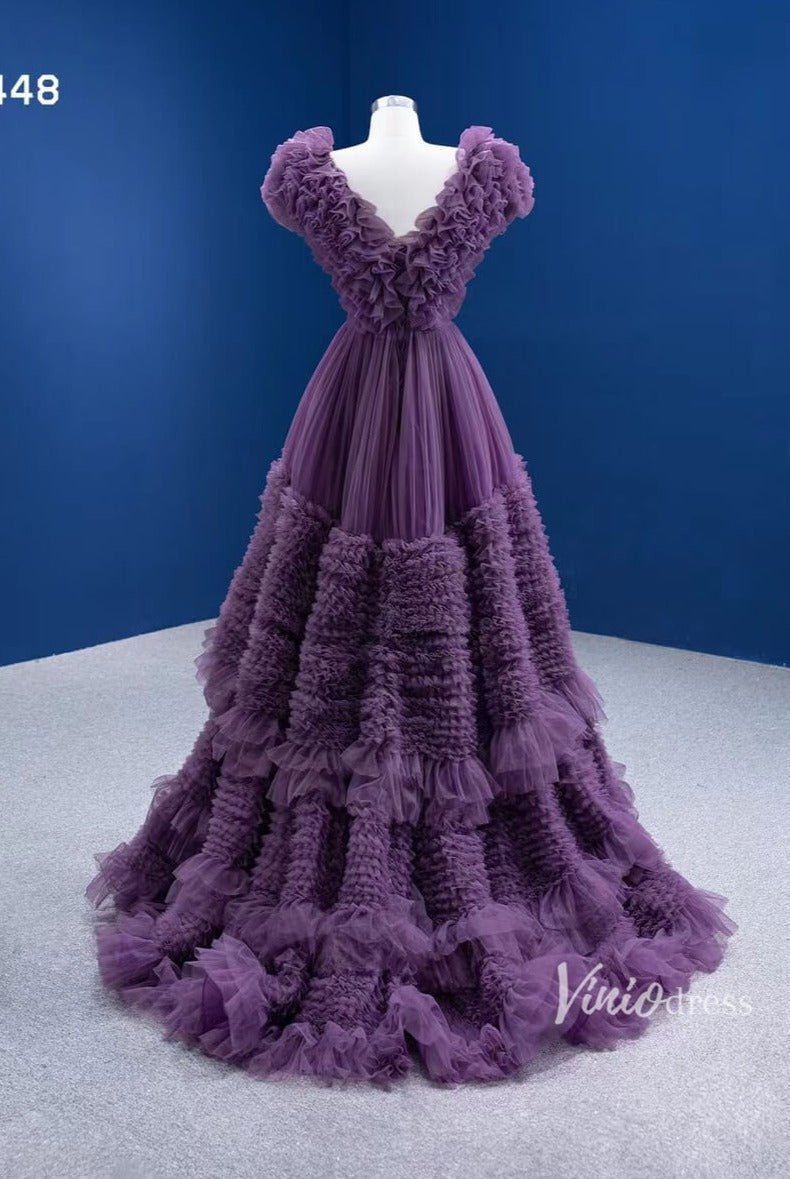 Ruffled Purple Formal Dress V-neck Layered Prom Dresses 67448-Quinceanera Dresses 2025 -Viniodress-Purple-Custom Size-