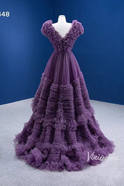 Ruffled Purple Formal Dress V-neck Layered Prom Dresses 67448-Quinceanera Dresses 2025 -Viniodress-Purple-Custom Size-