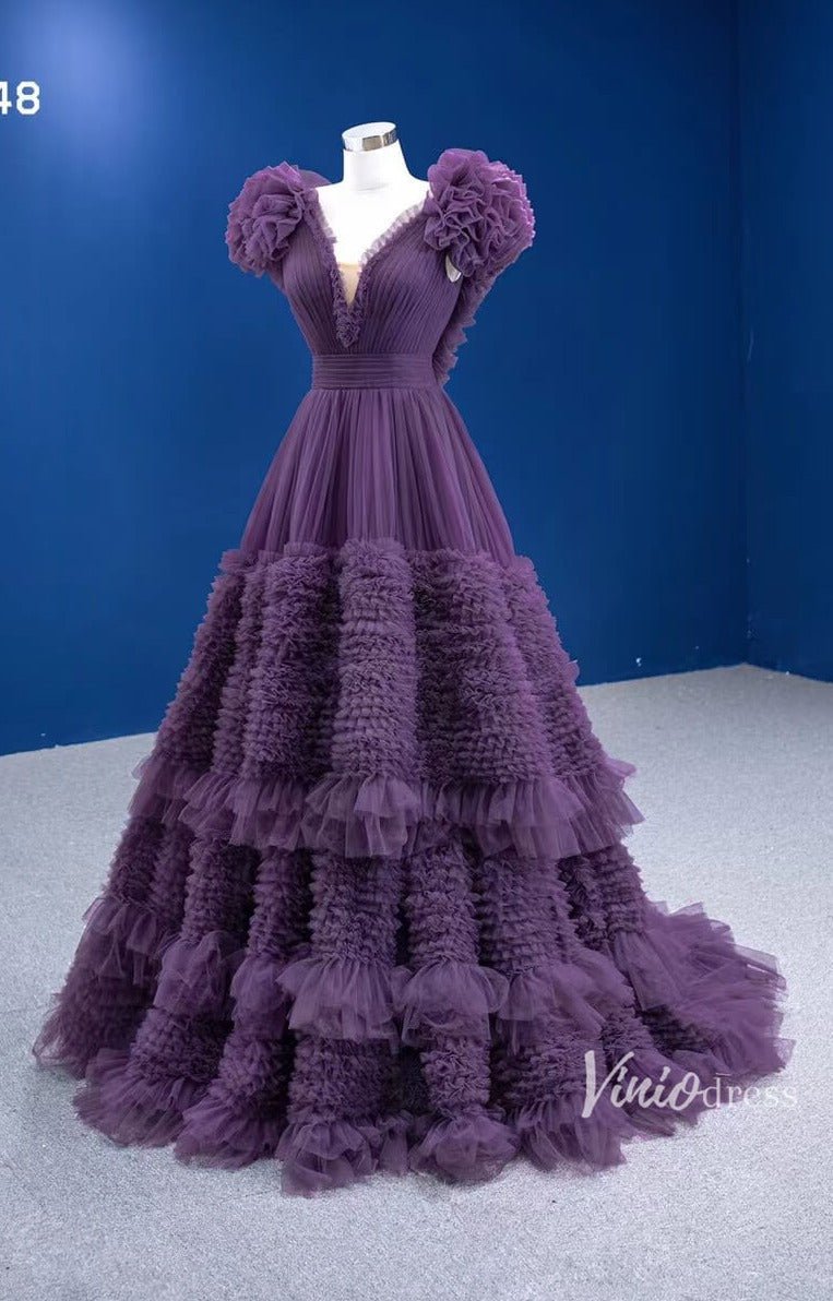 Ruffled Purple Formal Dress V-neck Layered Prom Dresses 67448-Quinceanera Dresses 2025 -Viniodress-Purple-Custom Size-