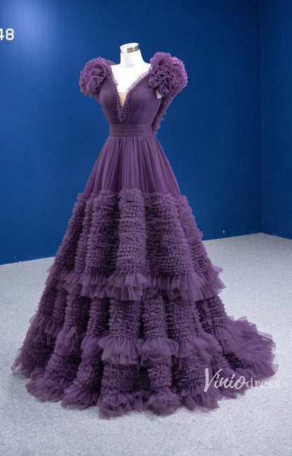 Ruffled Purple Formal Dress V-neck Layered Prom Dresses 67448-Quinceanera Dresses 2025 -Viniodress-Purple-Custom Size-