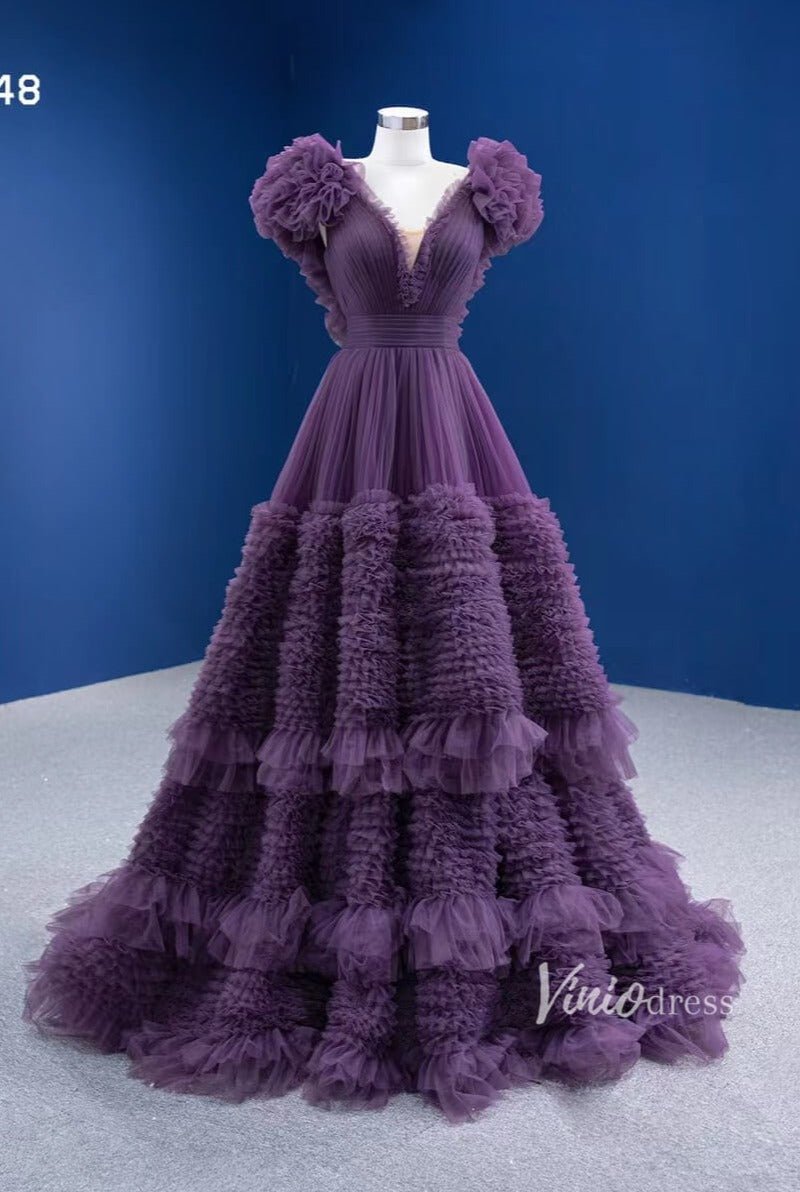 Ruffled Purple Formal Dress V-neck Layered Prom Dresses 67448-Quinceanera Dresses 2025 -Viniodress-Purple-Custom Size-