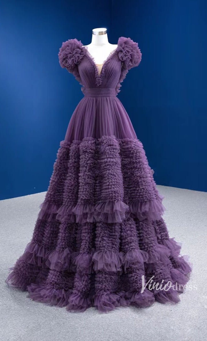 Ruffled Purple Formal Dress V-neck Layered Prom Dresses 67448-Quinceanera Dresses 2025 -Viniodress-Purple-Custom Size-