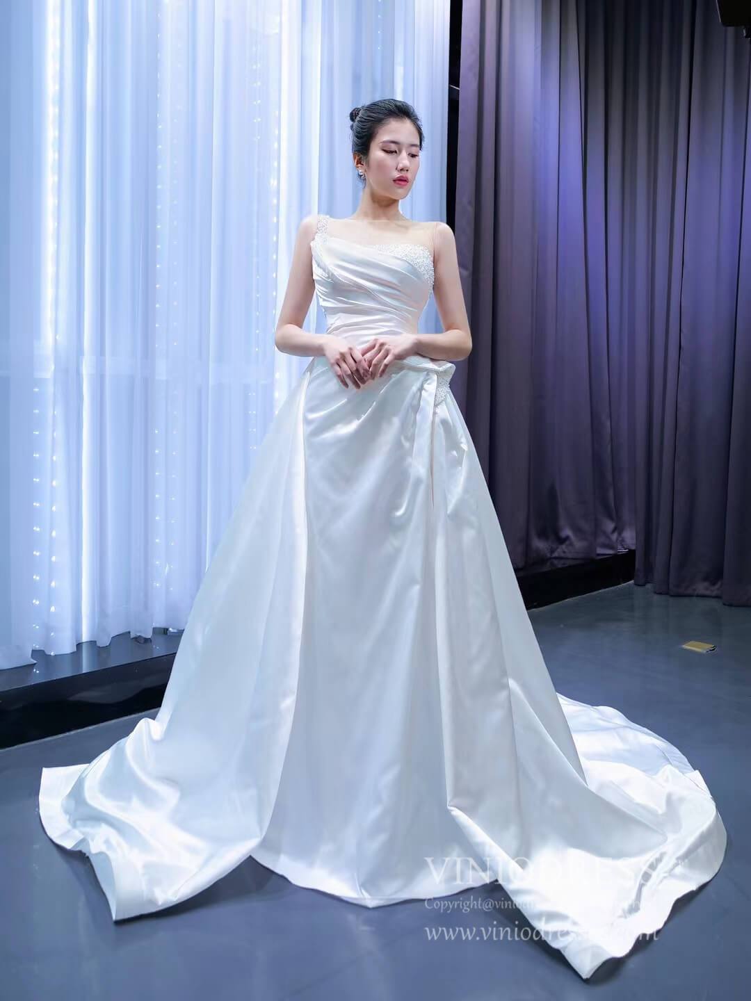 Ruffled Sheath Satin Wedding Dresses 2021 VW2026-wedding dresses 2025 -Viniodress-As Picture-Custom Size-