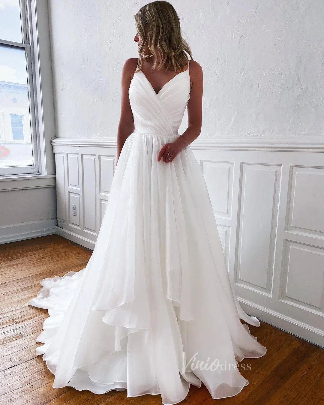 Ruffled Silky Chiffon Wedding Dress Spaghetti Strap VW1141-wedding dresses 2025 -Viniodress-Ivory-Custom Size-