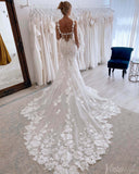 Rustic Lace Applique Mermaid Wedding Dresses Spaghetti Strap Chapel Train Bridal Gown AW1013