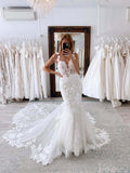 Rustic Lace Applique Mermaid Wedding Dresses Spaghetti Strap Chapel Train Bridal Gown AW1013