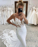 Rustic Lace Applique Mermaid Wedding Dresses with Chapel Train Spaghetti Strap Bridal Gown AW1006-wedding dresses-Viniodress