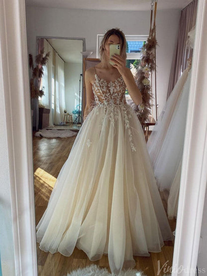 Rustic Lace Applique Spaghetti Strap Wedding Dresses Tulle Bridal Gown VW2181-wedding dresses 2025 -Viniodress-Champagne-Custom Size-
