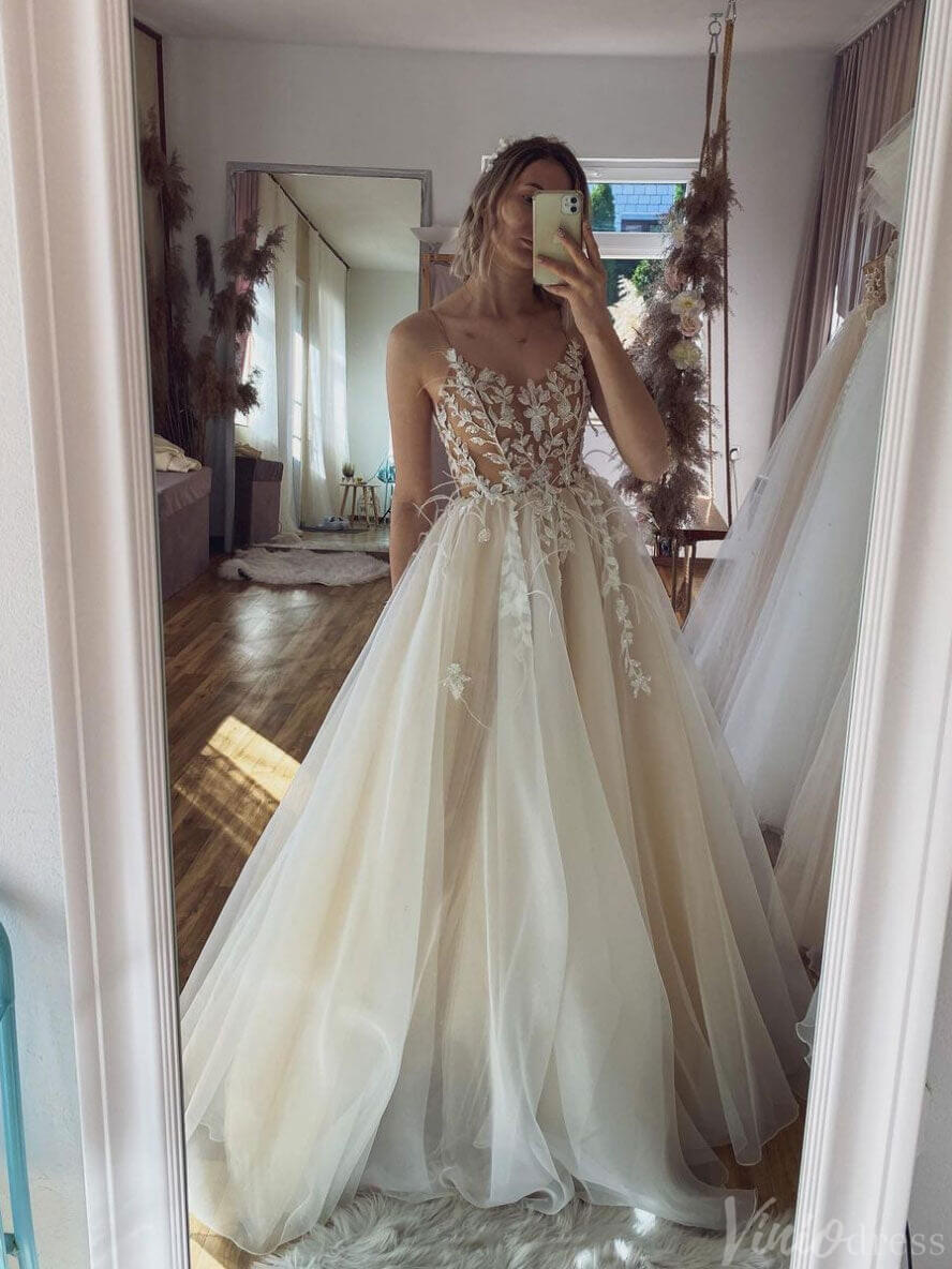 Rustic Lace Applique Spaghetti Strap Wedding Dresses Tulle Bridal Gown VW2181-wedding dresses 2025 -Viniodress-Champagne-Custom Size-