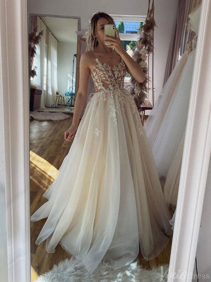 Rustic Lace Applique Spaghetti Strap Wedding Dresses Tulle Bridal Gown VW2181-wedding dresses 2025 -Viniodress-Champagne-Custom Size-