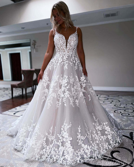 Rustic Lace Applique V-Neck Wedding Dresses Chapel Train Spaghetti Strap Bridal Gown VW2166-wedding dresses 2025 -Viniodress-Ivory-Custom Size-