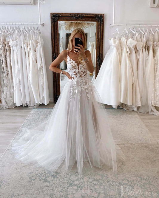 Rustic Lace Applique Wedding Dresses Spaghetti Strap Bridal Gown AW1010-wedding dresses 2025 -Viniodress-Ivory-Custom Size-