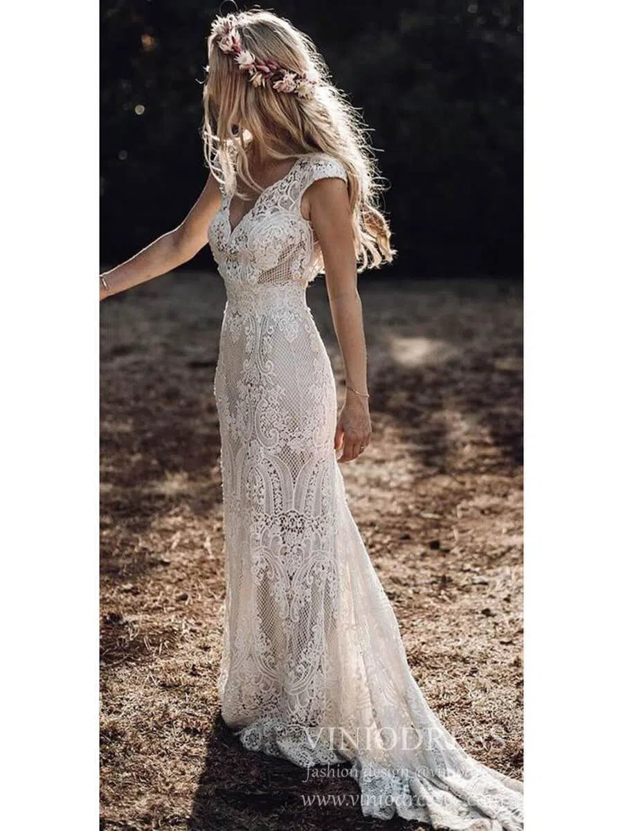 Rustic Lace Country Wedding Dresses Sheath Beach Boho Wedding Dress Viniodress BH102-wedding dresses 2025 -Viniodress-As Picture-Custom Size-