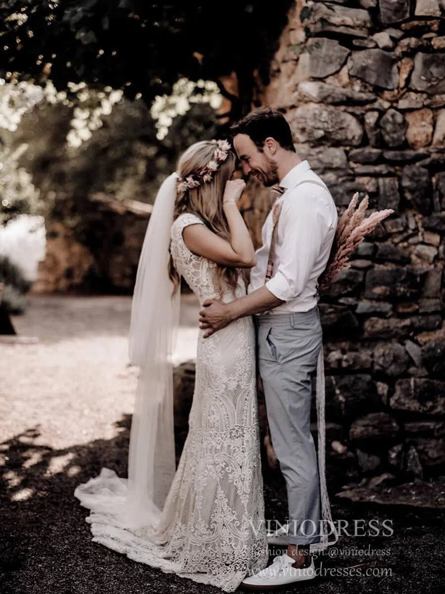 Rustic Lace Country Wedding Dresses Sheath Beach Boho Wedding Dress Viniodress BH102-wedding dresses 2025 -Viniodress-As Picture-Custom Size-