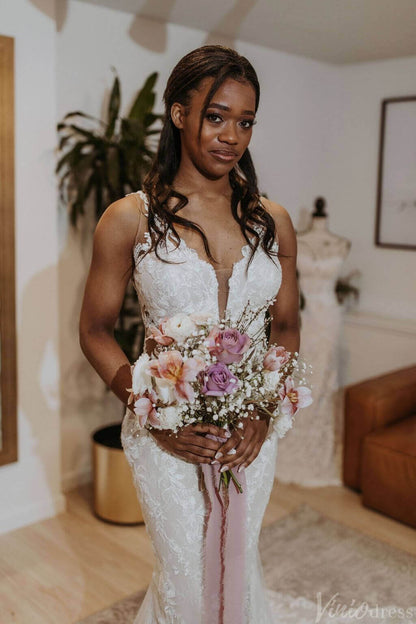 Rustic Lace Mermaid Wedding Dresses Backless Chapel Train Bridal Gown VW2156-wedding dresses 2025 -Viniodress-Ivory-Custom Size-