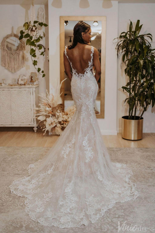 Rustic Lace Mermaid Wedding Dresses Backless Chapel Train Bridal Gown VW2156-wedding dresses 2025 -Viniodress-Ivory-Custom Size-