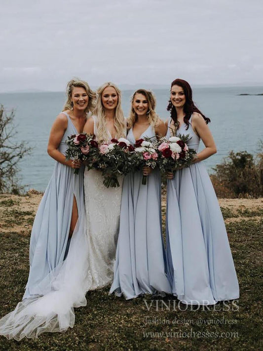 Rustic Wedding Light Blue Long Bridesmaid Dresses with Slit VB1027B-bridesmaid dresses 2025 -Viniodress-Light Blue-Custom Size-