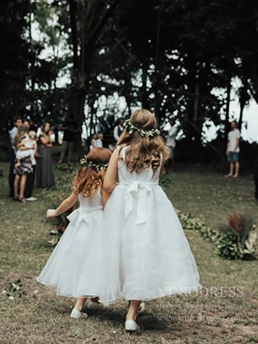 Rustic Wedding Tea Length Flower Girl Dresses GL1050-flower girl dresses 2025 -Viniodress-Ivory-Custom Size-