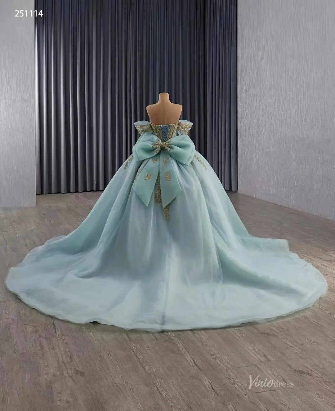 Sage Blue Quinceañera Dress | Sweetheart Ball Gown with Gold Appliques, Removable Sleeves & Big Bowtie 251114-Quinceanera Dresses 2025 -Viniodress-Sage Blue-Custom Size-