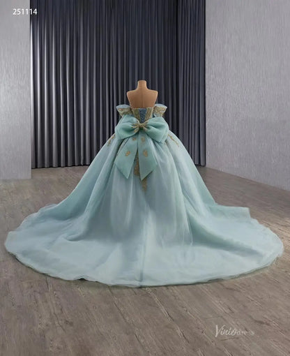 Sage Blue Quinceañera Dress | Sweetheart Ball Gown with Gold Appliques, Removable Sleeves & Big Bowtie 251114-Quinceanera Dresses 2025 -Viniodress-Sage Blue-Custom Size-