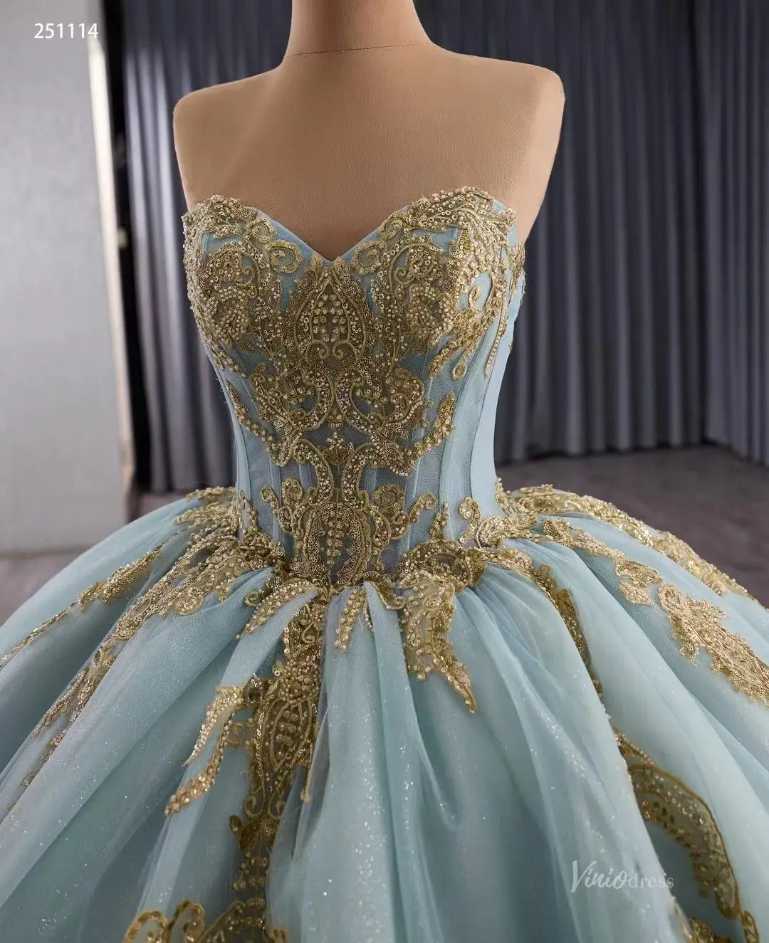 Sage Blue Quinceañera Dress | Sweetheart Ball Gown with Gold Appliques, Removable Sleeves & Big Bowtie 251114-Quinceanera Dresses 2025 -Viniodress-Sage Blue-Custom Size-