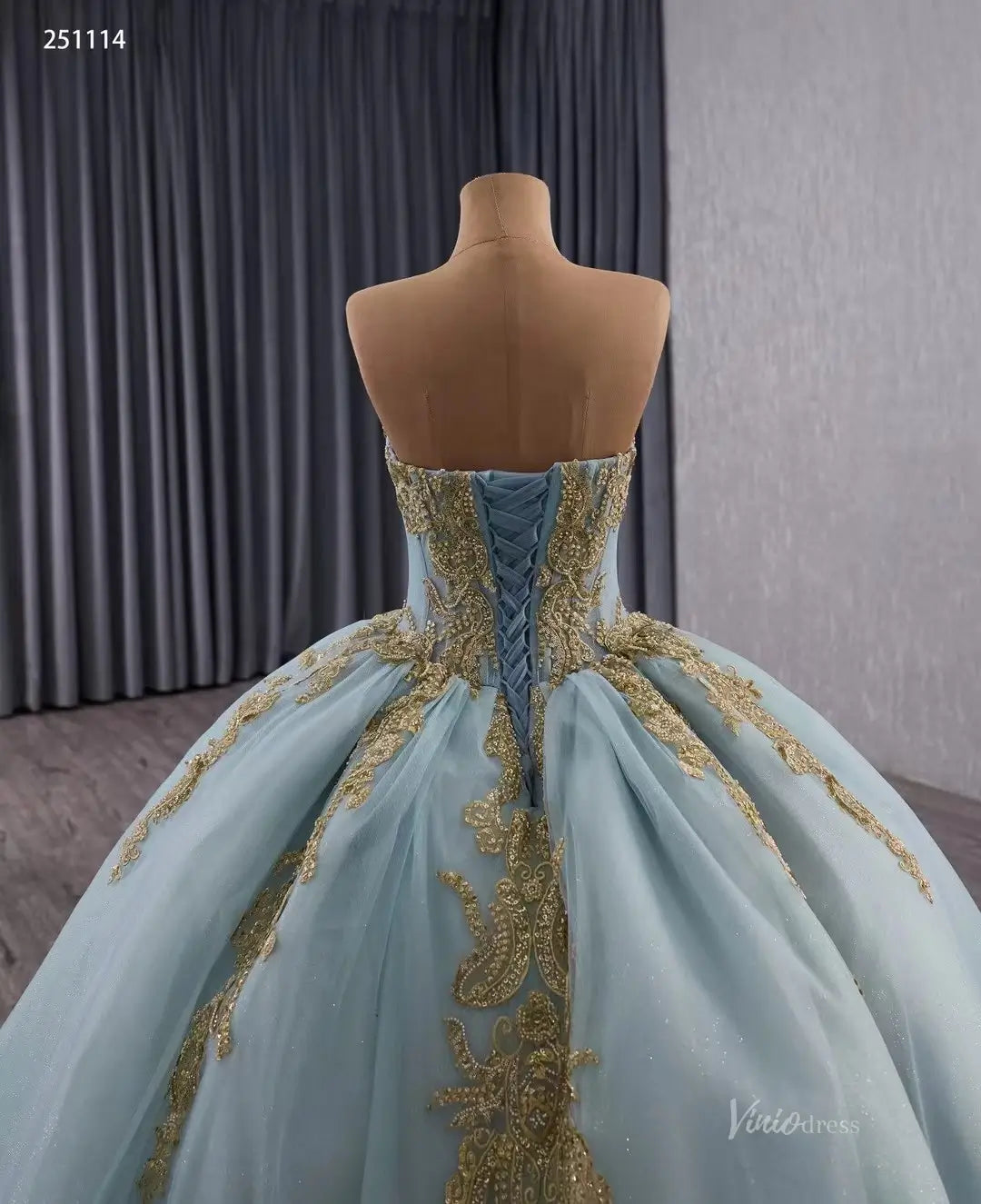 Sage Blue Quinceaera Dress | Sweetheart Ball Gown with Gold Appliques Viniodress Sage Blue Quinceaera Dress | Sweetheart Ball Gown with Gold Appliques Viniodress