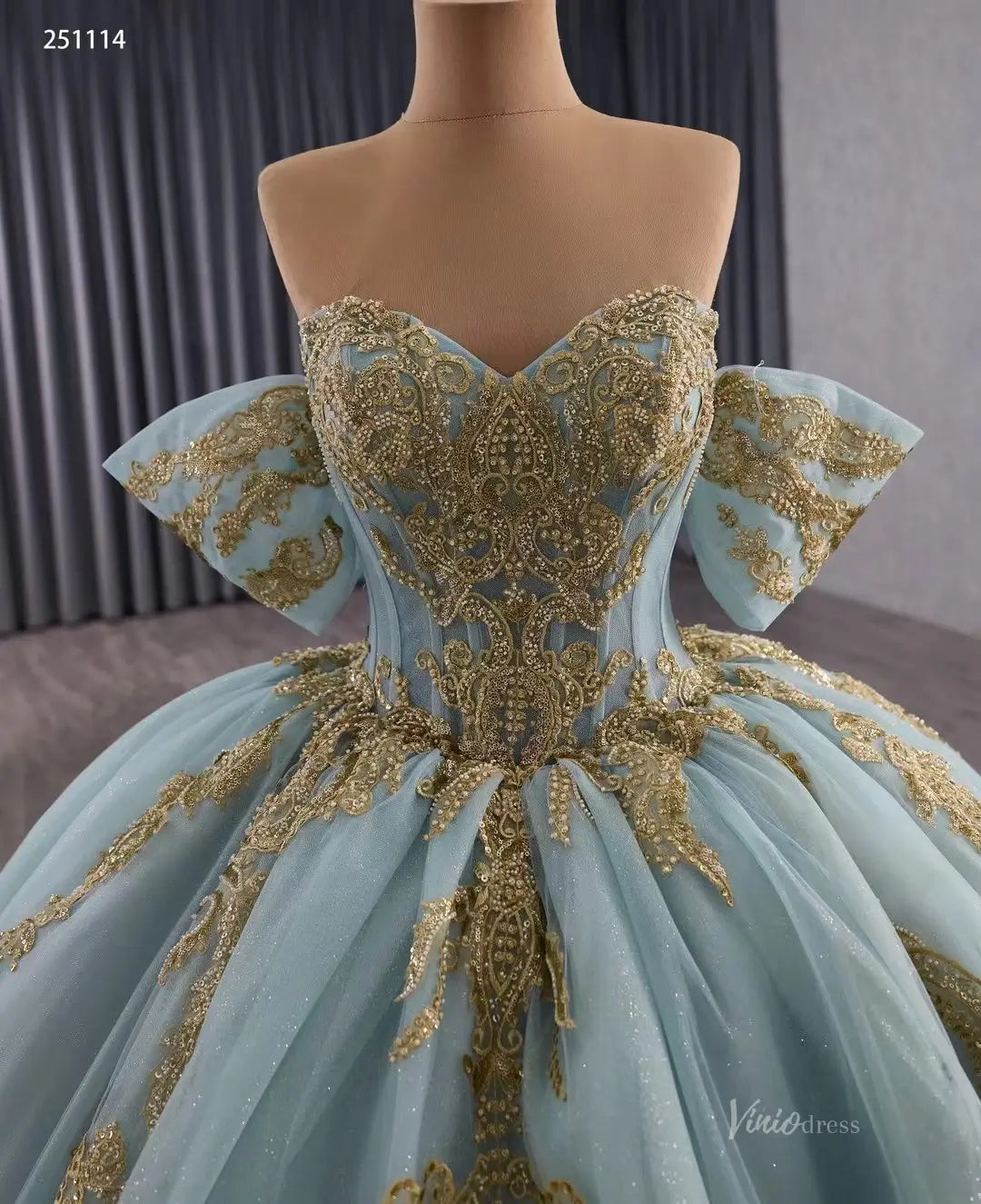 Sage Blue Quinceaera Dress | Sweetheart Ball Gown with Gold Appliques Viniodress Sage Blue Quinceaera Dress | Sweetheart Ball Gown with Gold Appliques Viniodress