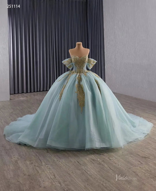 Sage Blue Quinceañera Dress | Sweetheart Ball Gown with Gold Appliques, Removable Sleeves & Big Bowtie 251114-Quinceanera Dresses 2025 -Viniodress-Sage Blue-Custom Size-