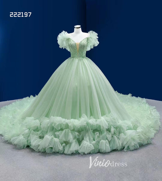Sage Green Ball Gown Wedding Dresses Tulle Ruffle Sweet 16 Dress 222197-Quinceanera Dresses 2025 -Viniodress-Sage-Custom Size-