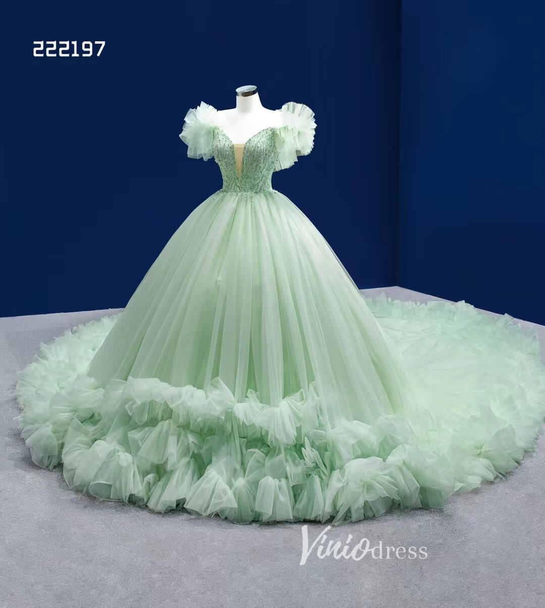 Sage Green Ball Gown Wedding Dresses Tulle Ruffle Sweet 16 Dress 222197-Quinceanera Dresses-Viniodress-Viniodress