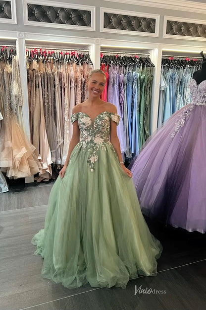 plus size gold bridesmaid dresses Sage Green Floral Lace Ball Gown Prom Dress Off the Shoulder with Tull –  Viniodress