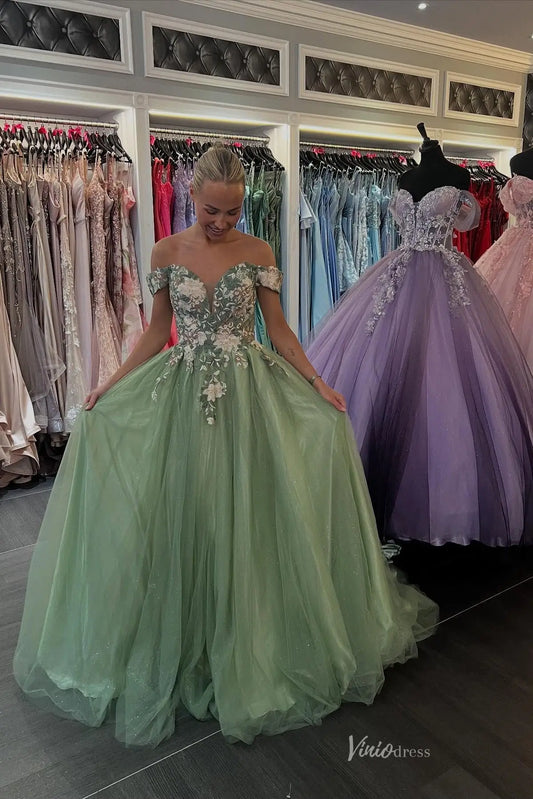 Sage Green Floral Lace Ball Gown Prom Dress Off the Shoulder with Tulle Skirt FW260-Prom Dresses 2026-Viniodress-Sage-Custom Size-