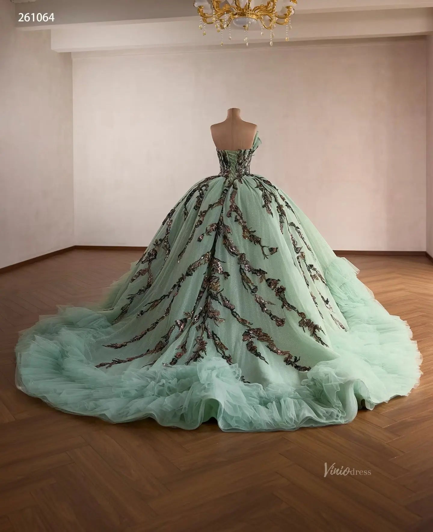 Sage Green Floral Sequin Quinceanera Dress with Ruffle Ball Gown –  Viniodress