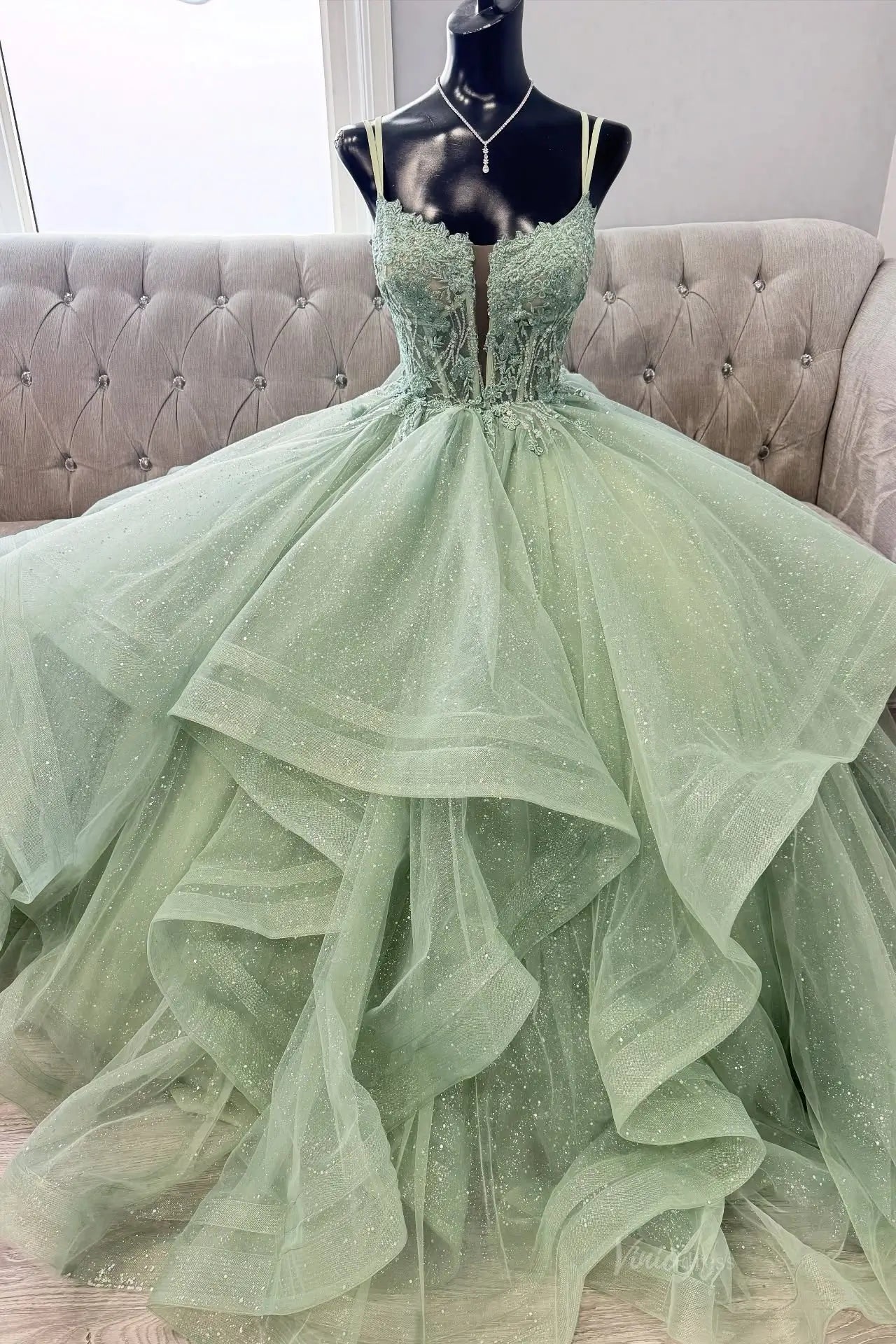 Sage Green Glitter Tulle Ball Gown Prom Dress with Lace Corset LY028 Viniodress Sage Green Glitter Tulle Ball Gown Prom Dress with Lace Corset LY028 Viniodress