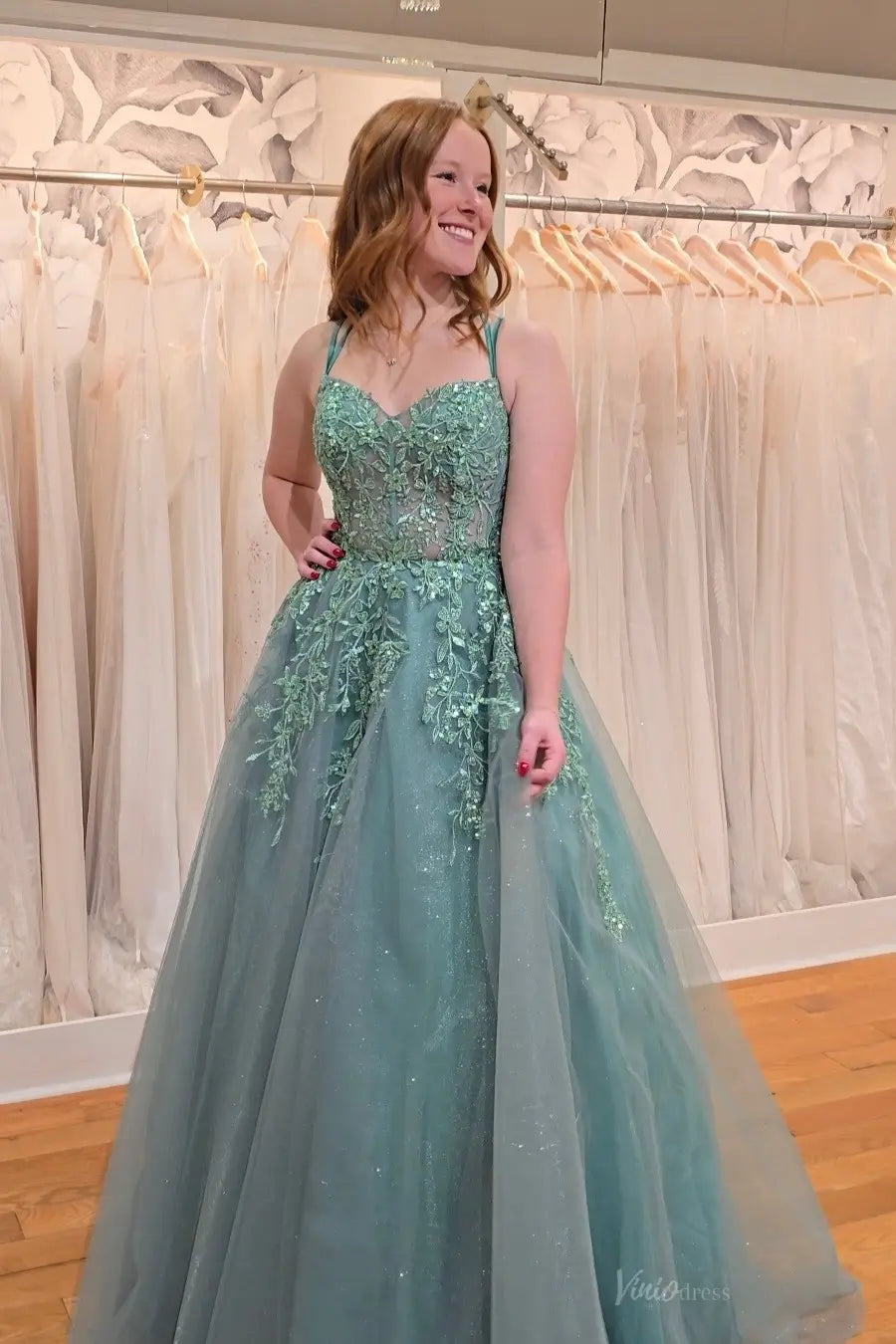 Sage Green Lace Appliqu Glitter Tulle Prom Ball Gown TU012 Viniodress Sage Green Lace Appliqu Glitter Tulle Prom Ball Gown TU012 Viniodress