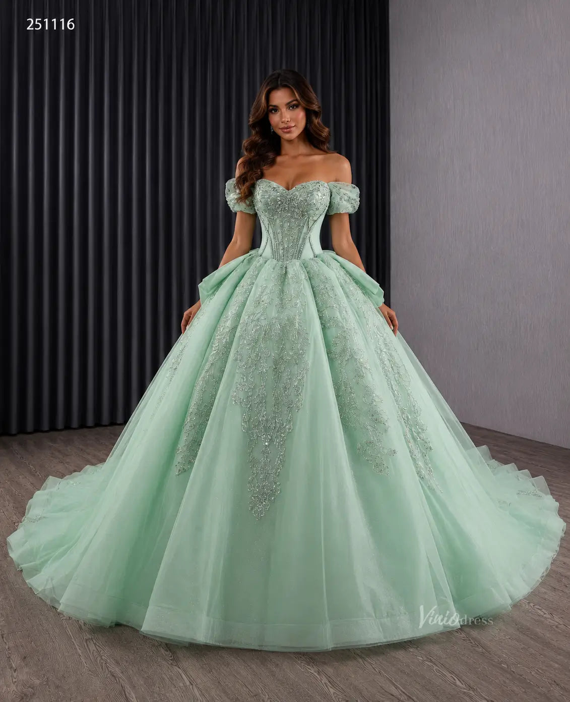 Sage Green Off-the-Shoulder Quinceañera Dress with Beaded Bodice & Ruffled Back Detail – 251116-Quinceanera Dresses 2026-Viniodress-Sage Green-US 0-