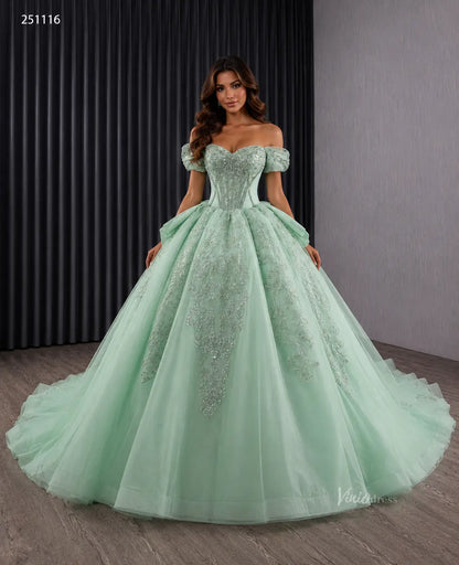 Sage Green Off-the-Shoulder Quinceañera Dress with Beaded Bodice & Ruffled Back Detail – 251116-Quinceanera Dresses 2026-Viniodress-Sage Green-US 0-