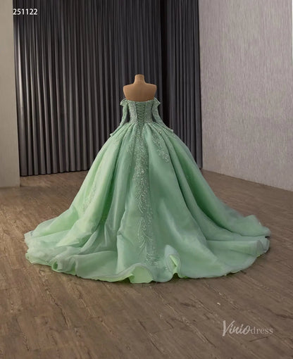 Sage Green Princess Quinceañera Ball Gown with Off-Shoulder Long Sleeves, Allover Beading & Cathedral Train – 251122-Quinceanera Dresses 2026-Viniodress-Sage Green-Custom Size – Add Measurements in Cart-