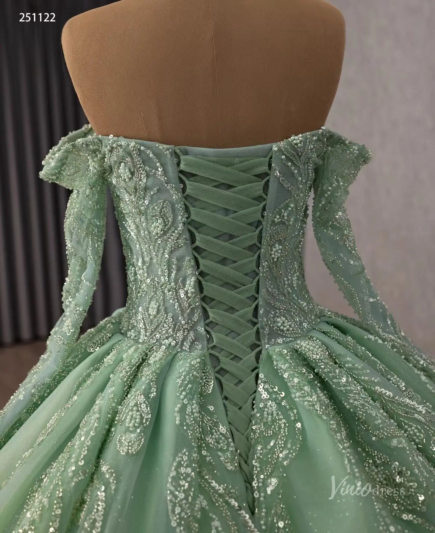 Sage Green Princess Quinceañera Ball Gown with Off-Shoulder Long Sleeves, Allover Beading & Cathedral Train – 251122-Quinceanera Dresses 2026-Viniodress-Sage Green-Custom Size – Add Measurements in Cart-