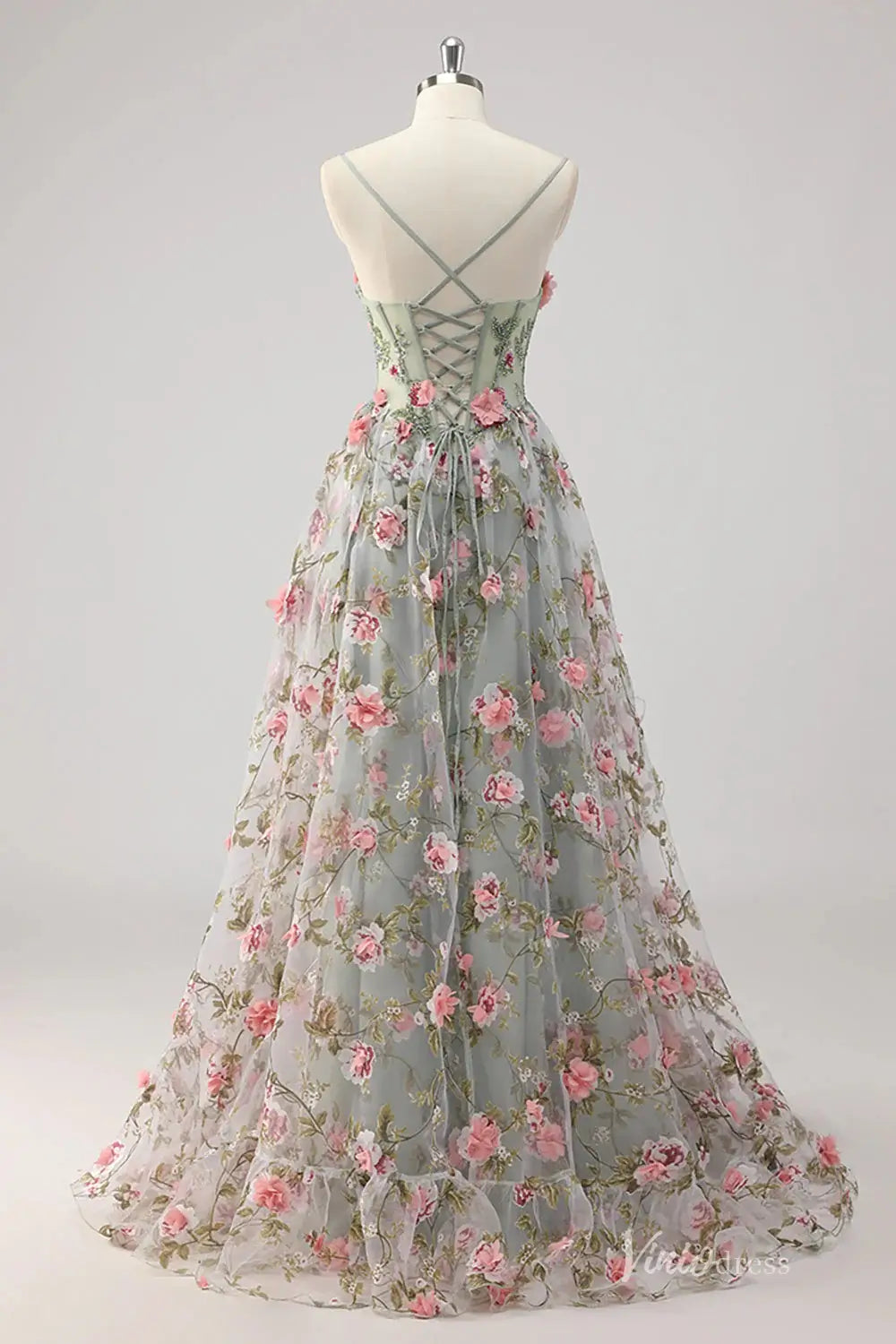Sage Green Prom Dress with Spaghetti Straps, 3D Floral Appliqués, Layered Tulle Skirt – FD5193-prom dresses 2025 -Viniodress-Sage-Custom Size-