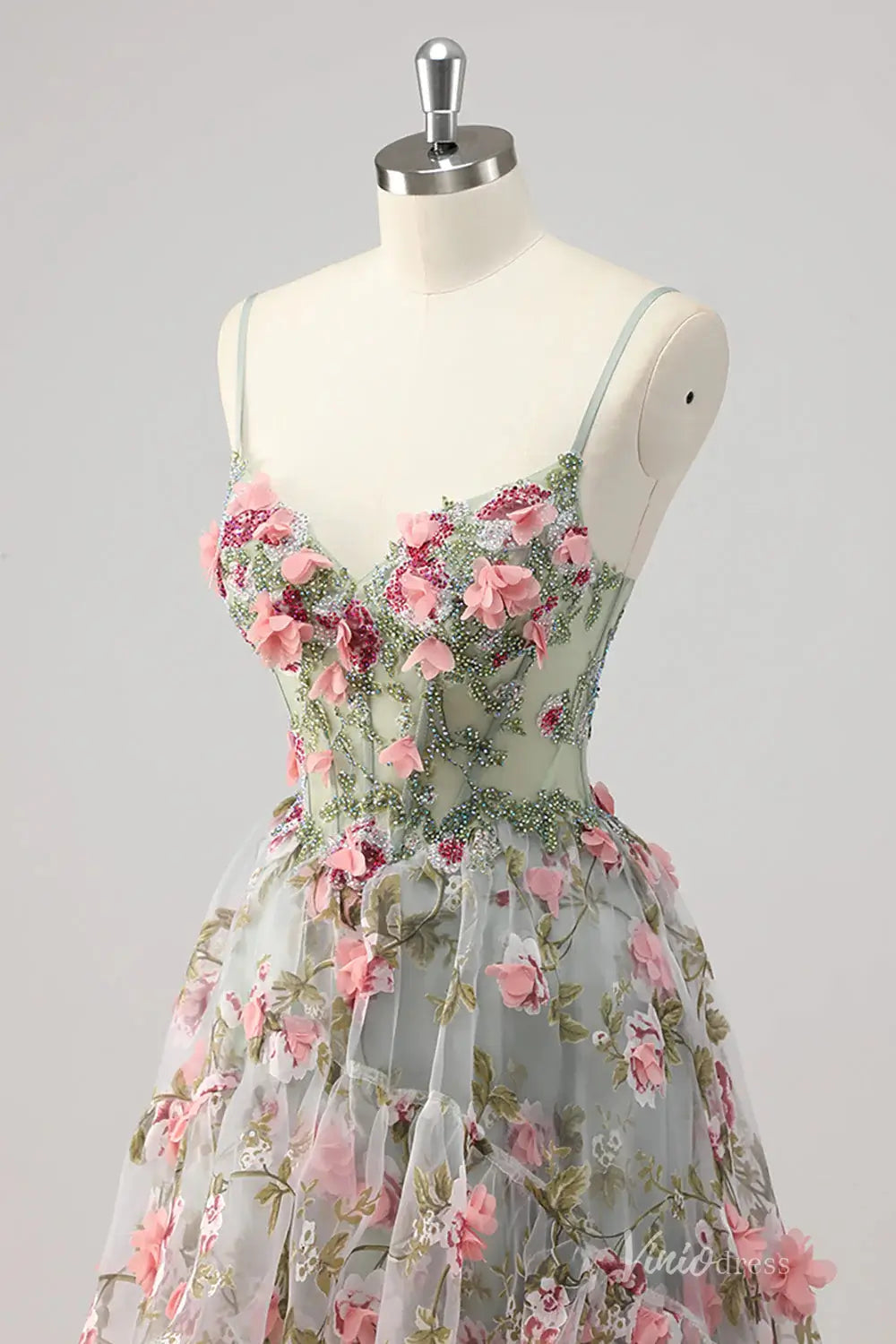 Sage Green Prom Dress with Spaghetti Straps, 3D Floral Appliqués, Layered Tulle Skirt – FD5193-prom dresses 2025 -Viniodress-Sage-Custom Size-