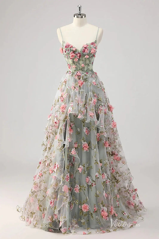 Sage Green Prom Dress with Spaghetti Straps, 3D Floral Appliqués, Layered Tulle Skirt – FD5193-prom dresses 2025 -Viniodress-Sage-Custom Size-